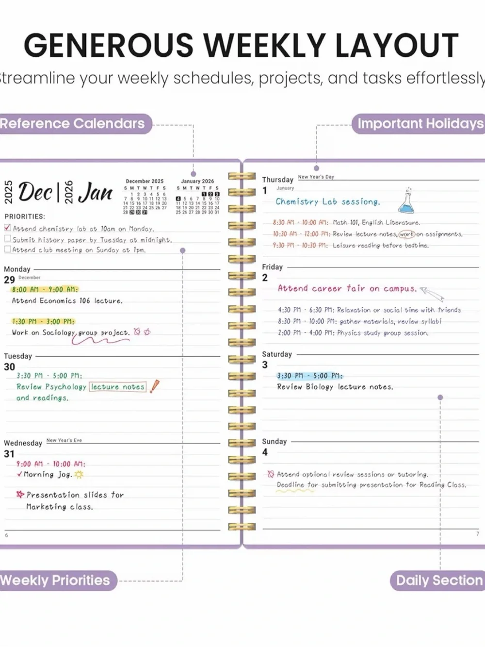 2026 Lavender Spiral Monthly Planner with Purple Print size A5